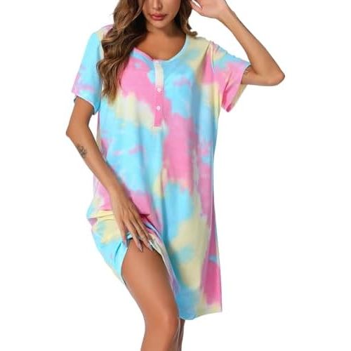 ENJOYNIGHT Womens Short Sleeve Nightgown Tie Dye Nightshirt Nursing Sleepshirts Breastfeeding Sleep Dress