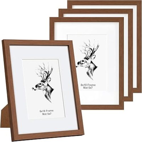 Yaetm 8x10 Picture Frame with Mat for 5x7 Set of 4, Walnut Brown, Solid Wood Photo Frames 8 x 10 with Tempered Glass for Wall Gallery, Home and Office, Tabletop or Wall Mount (4 Pack, Walnut)