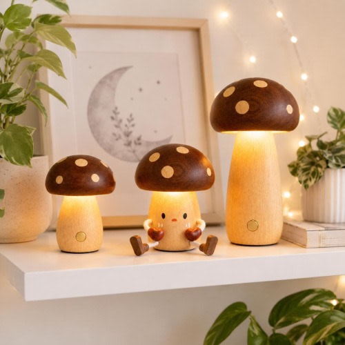 Wooden Mushroom Lamp, Rechargeable Touch Dimmable Night Light, Solid Wood Bedside Table Lamp, Cozy Forest Gift Decor