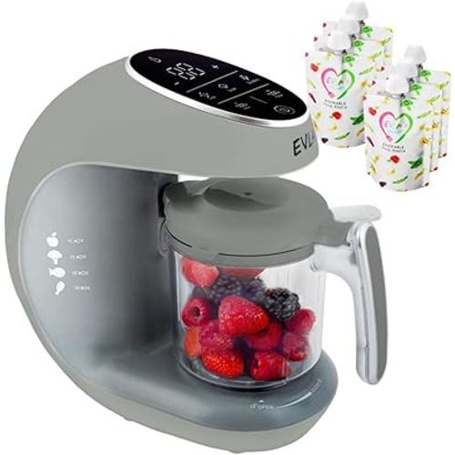 EVLA'S Baby Food Maker, Steamer, Blender, Baby Food Processor for Healthy Homemade Baby Food in Minutes, Touch Screen with 6 Reusable Food Pouches, Baby Registry Essential, Grey