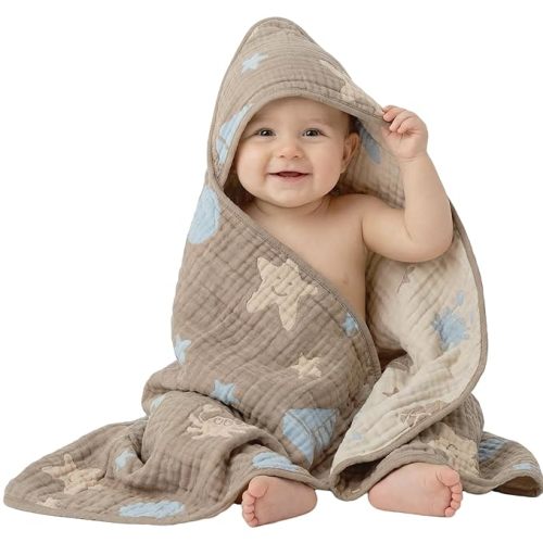 Ultra-Soft Muslin Baby Hooded Towel - 32 x 32 Inches, Ideal for Bath & Beach, Suitable for Both Boys & Girls from Newborns to Toddlers（Ocean Coffee