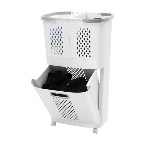 JAYGOVAN 2-Tier Rolling Laundry Basket Movable Plastic Collapsible Laundry Basket Cart with Wheels and Handle, Durable Ventilated Portable Storage Baskets for Dorm, Laundry Room, Bathrooms