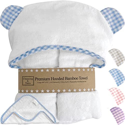 Channing & Yates Premium Boutique Organic Hooded Baby Towels and Washcloth Set - Softest Baby Towel with Hood - Baby Bath Towel for Newborn - Baby Boy Gift for Baby Shower (Blue)