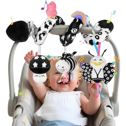 Spiral Car Seat Toys for Babies, 0-6 Months Stroller Pram Activity Hanging Toys High Contrast Black and White Sensory Toy, Newborn Soft Plush Travel Toy for Newborn Boys Girls Gift