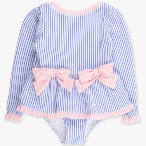 Seersucker Long Sleeve One Piece Bow Peplum Rash Guard Swimsuit