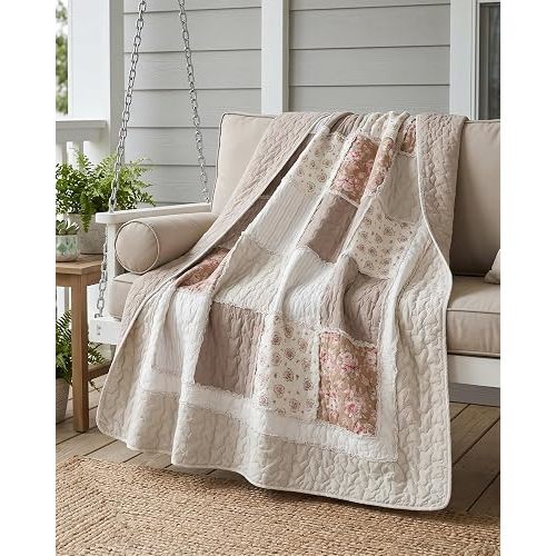 Soul & Lane - Taupe Bloom Beige Cotton Quilted Throw Blanket, 50" x 60"