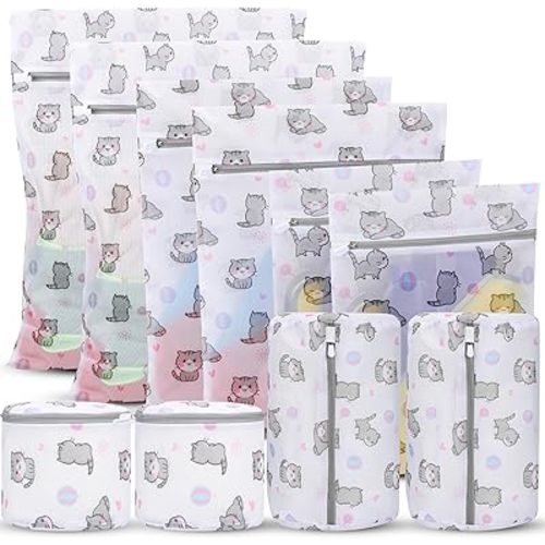 10-Pack Mesh Laundry Bags with Adorable Cat Pattern: Assorted Sizes (XL, L, M, S, Underwear Bag), Durable & Travel-Ready, Mixed Colors Including White