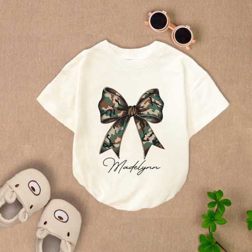 Personalized Camo Coquette Bow Baby Romper Short Sleeves, Camo Coquette Bodysuit, Mama'S Boy Romper, Mother'S Day Gift