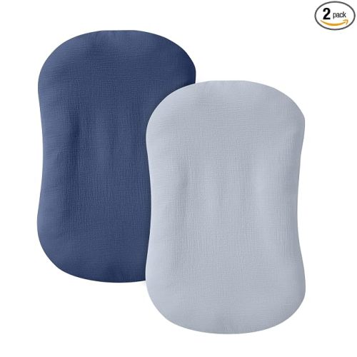 guruixu Muslin Baby Lounger Cover 2 Pack, 100% Cotton Infant Lounger Cover, Soft & Breathable Replacement Slipcover, Compatible with Snuggle Me Newborn Lounger (Navy,Lightblue)