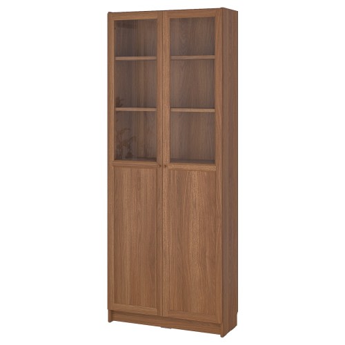 BILLY / OXBERG Bookcase with panel/glass doors - brown walnut effect 31 1/2x11 3/4x79 1/2 "