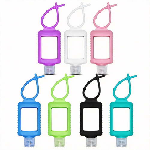 7 Pack Travel Size Hand Sanitizer Holder with Silicone Sleeve, 2 oz Refillable Plastic Empty Bottles Leakproof Flip Cap Squeeze Containers Portable Keychain Bottle for Backpack Travel Outdoor