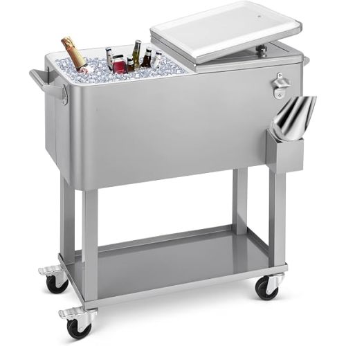 80 Quart Rolling Ice Chest Cooler Cart,Patio Backyard Party Drink Beverage Bar Stand Up Cooler Trolley with Ice Scoop