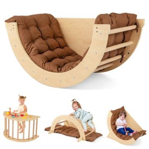 Costway 6 in 1 Climbing Arch Wooden Rocker Arch Climbing Toy with Removable Cushion Coffee
