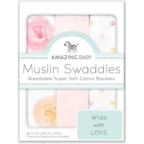 Amazing Baby Muslin Swaddle Blankets for Baby Girls, Newborn Receiving Blanket, 100% Cotton Baby Swaddle Wrap, Set of 3, XLarge 46x46 inches, Watercolor Bliss, Pink