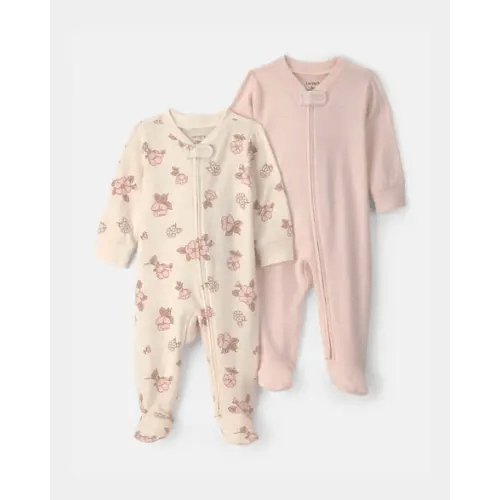 Baby Girl 2-Pack Floral Striped 100% Cotton 2-Way Zip Sleep & Play Pajamas - Pink/Ivory | Carter's