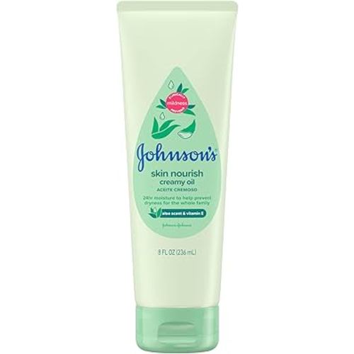 Johnson's Skin Nourish Creamy Oil, Aloe Scent & Vitamin E, Creamy Oil Helps Prevent Dryness & Moisturizes Baby's Delicate Skin for 24 Hours, Hypoallergenic & Non-Greasy, 8 fl. oz