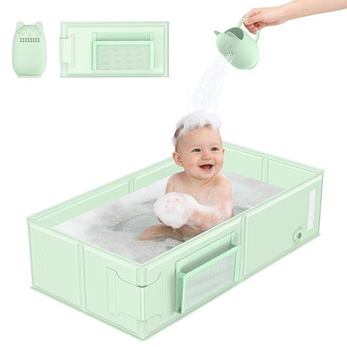 YomauiYee Baby Bathtub Green, Converts Shower to Tub, Foldable Toddler Tub with Rinse Cup, No Assembly Easy to Clean, Portable Collapsible Bath Tub for 6M-5Y, Travel Camping Hotel