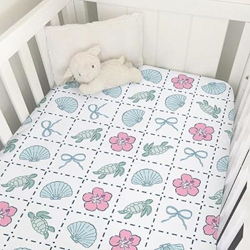 Boho Sea Turtles Seashells Bows Baby Crib Sheets for Boy Summer Turtles Tropical Flowers Soft Snug Fitted Crib Mattress Covers for 52''x28'' Standard Crib & Toddler Mattress Nautical Beach Bed Sheets