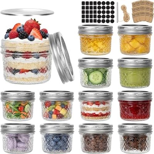 CycleMore Mason Jars 4 oz, 12 Pack Diamond Mini Glass Jars with Printed Silver Split Lids, Small Canning Jars for Caviar, Jam, Honey, Jelly, Wedding Favors and Gifts