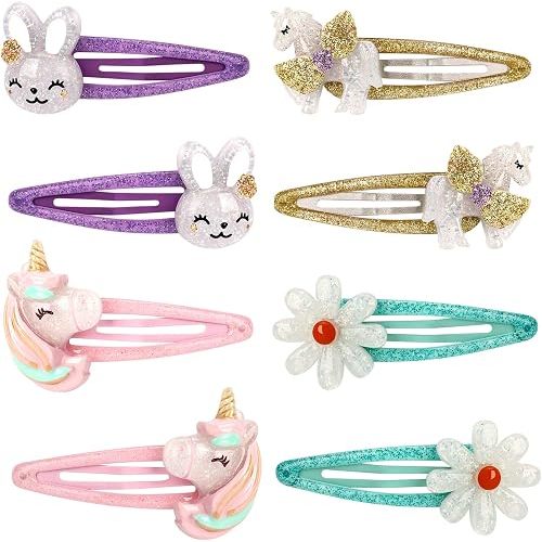 Wingchold Girls Flower Snap Hair Clips, 8Pcs Unicorn No Slip Metal Hair Clips, Sparkly Unicorn Hair Accessories for Toddlers Kids, Colorful Rabbit Barrette Hair Pins, Party Birthday Gift Supplies