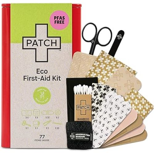Patch Eco First Aid Kit, Assorted Hypoallergenic Adhesive Sizes Large and Small Bandages for Sensitive Skin, Essential Medical Supplies in a Reusable Tin, Latex Free, Sensitive Skin Bandages, 77 ct