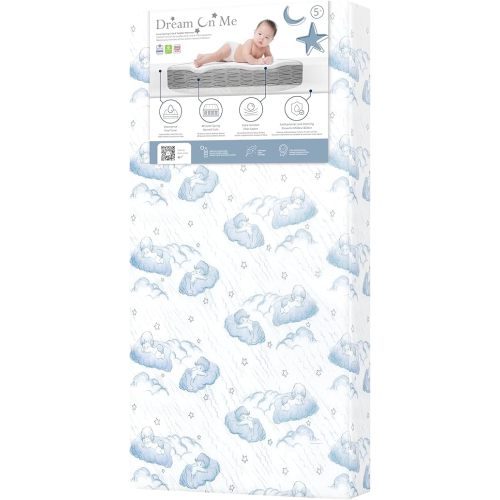 Dream On Me Nap Nest Crib and Toddler Mattress, Dual-Sided - Infants & Toddlers, Waterproof 5” Mattress with 88 Interwoven Coils, 75% Recycled Fiber, GREENGUARD Gold & BSA Certified – Blue Cloud