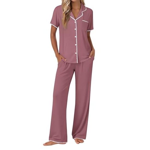 Ekouaer Pajamas for Women Set Button Up Soft Pjs Short Sleeve Lounge Sets | Cute Scalloped Trim, Notch Collar, Side Pockets, Soft Breathable Fabric,Ideal for Daily Wear, Maternity, Postpartum