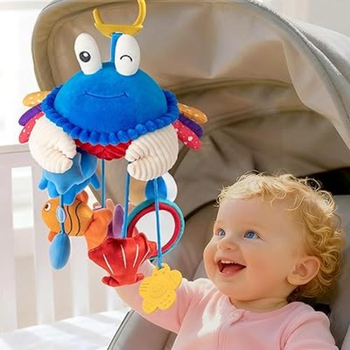 Car Seat Toys for Babies 0-6 Months, Hanging Baby Activity Toy for Stroller, Crib & Gym, Tummy Time Sensory Crab Plush Toys for Newborn, 0 3 6 9 12 M Clip-On Montessor Toy, Baby Boy Girl Gifts