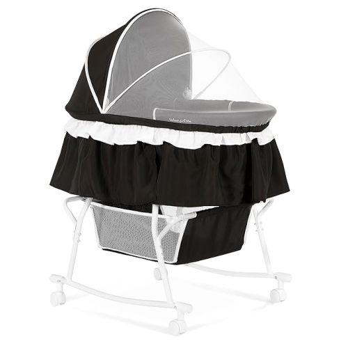 Dream On Me Lacy Portable 2-in-1 Bassinet & Cradle with Full Canopy, Storage Basket, Locking Wheels, Lightweight Frame, BSA Certified, Includes 1” Mattress Pad -Blue and White