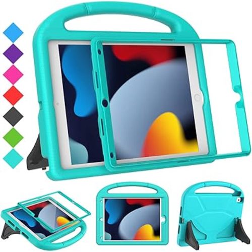 SUPLIK Kids Case for iPad 9th/8th/7th Generation - 10.2 inch 2021/2020/2019 Case with Built-in Screen Protector, Durable Shockproof Handle Stand for Apple iPad 7/8/9 Gen, Cyan
