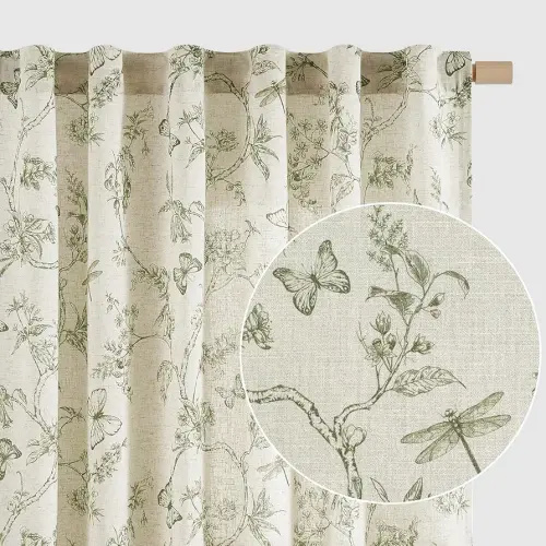Lazzzy Linen Farmhouse Curtains Green Floral Curtains 63 Inch Length Back Tab Drapes for Living Room Bedroom Light Filtering Country Vintage Rod Pocket Curtain, 2 Panels, Green on Beige