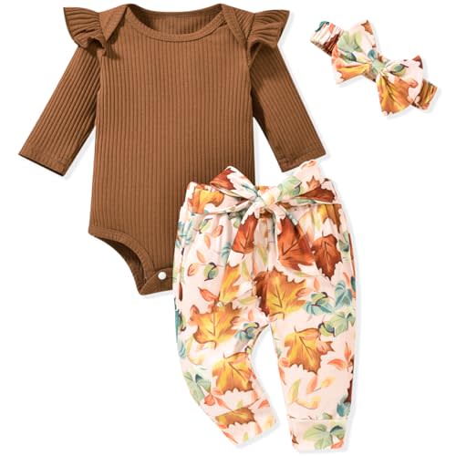 Aalizzwell Preemie Newborn Infant Baby Girls Clothes Ribbed Romper Bodysuit Pants Set Fall Winter Outfits