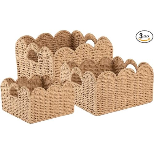 OIAHOMY Scalloped Wicker Baskets, Hand-woven Storage Baskets with Built-in Handles, Paper Rope Shelf Baskets for Organizing and Decoration, Set of 3-Yellow