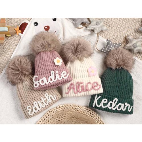 Personalized crochet beanie hats,Baby beanies with name,Winter hat for baby and toddler,Custom family beanies with pom poms,Baby shower gift