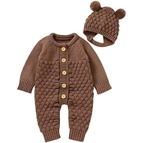 Newborn Baby Boy Girl Winter Clothes Knitted Sweater Romper Crewneck Solid Color Jumpsuit Hat Infant Fall Outfit