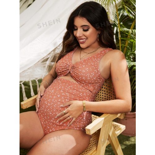 SHEIN Maternity Polka Dot Print Cut-out One Piece Swimsuit