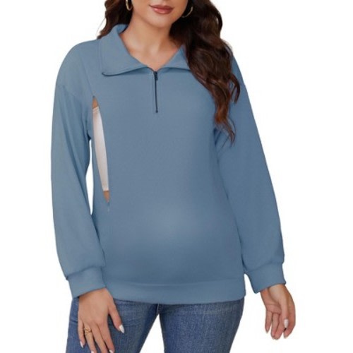 INSPIRE CHIC Women's Nursing Maternity Zipper Shirt Pregnancy Long Sleeves Polo Tops Breastfeeding Sweatshirt Large Blue