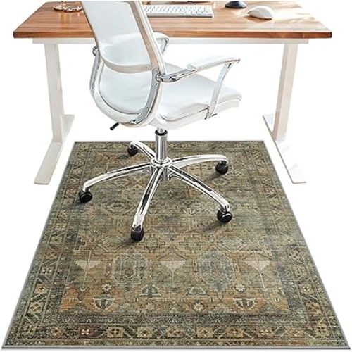 48"x60" Office Chair Mat for Hardwood Tile Floor, Under Desk Carpet Protector for Rolling Computer Chair Mat, Machine Washable Area Rug, Anti-Slip 1/5" Thick Low Pile Thin Vinyl Floor Mat, Sepia