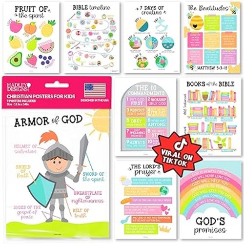 Hadley Designs Sunday School Decorations for Classroom –9 Bible Posters for Kids, Books of the Bible, 10 Commandments, Bible Timeline Chart, Fruits of the Spirit, Pastel Christian Classroom Decor