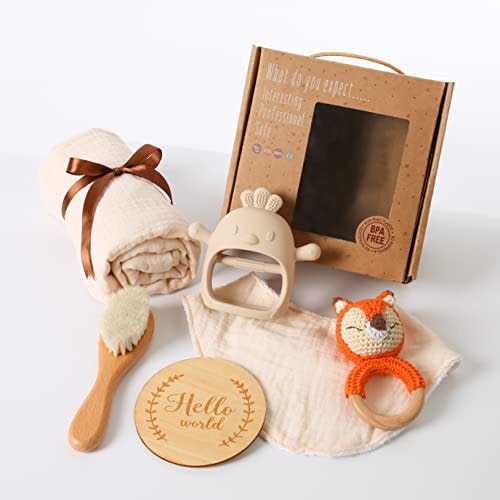 YOUUYS Baby Gift Set for Newborn - Baby Essential Bath Basket Gift Set with Baby Blanket Baby Rattle Teether Toy & Hair Brush Newborn Shower Gift for Baby Girls Boys 6PCS (Orange Fox)