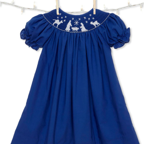 Blue Nativity Christmas Smocked Bishop Dress – Pleats and Stitches