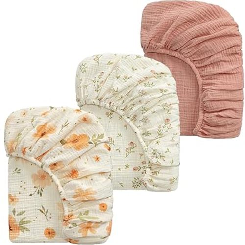 Muslin Crib Sheets, 52"x28" Fitted Crib Sheet for Baby Girl and Boy, 3 Pack Soft Cotton Cover for Standard Crib Baby Bed and Toddler Mattress (Floral, Pink)