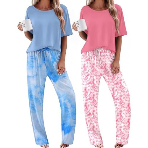 Ekouaer 2 Pack Womens Pajamas Sets Short Sleeve Long Pants Pjs Lounge Set | Comfy Soft Crew Neck Sleepwear with Pockets,Casual Printed Matching Sets for Daily Wear,Gifts,Mom,Friend,Maternity