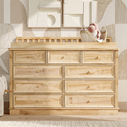 One Allium Way® 55'' W Solid Pine 9-Drawer Changing Table Dresser With Removable Tray, Ample Storage, And Child Safety Certification | Wayfair