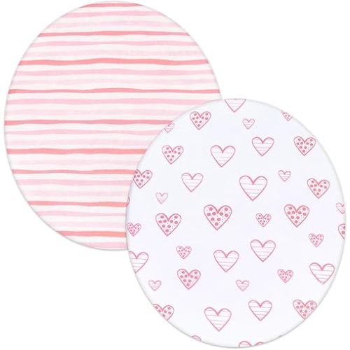 Bassinet Sheets Compatible with Fisher-Price On-The-Go Baby Dome, 2 Pack, 100% Jersey Knit Cotton Fitted Sheets, Breathable and Heavenly Soft, Pink Hearts and White Stars Print for Baby