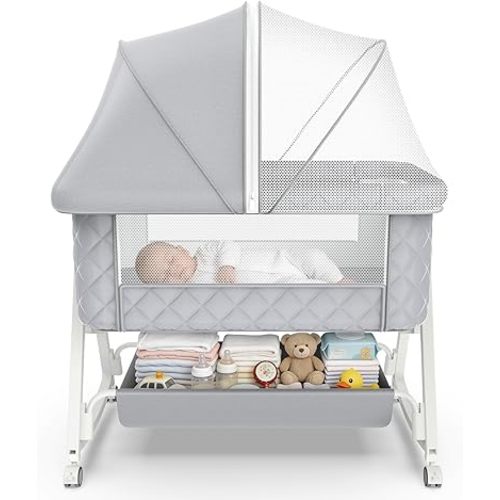Baby Bassinet, 5 in 1 Bedside Bassinets for Baby, Bassinet Bedside Sleeper with Wheels, Mosquito Net, Adjustable Height, Easy Folding & Storage Basket