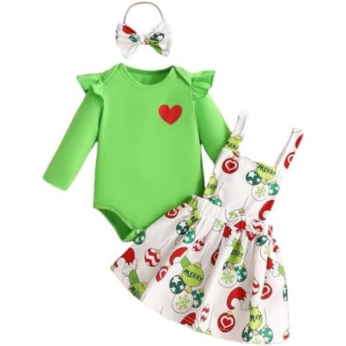 Honganda Infant Baby Girls 3Pcs Skirt Sets Green Flying Sleeve Romper Christmas Suspender Skirt with Headband