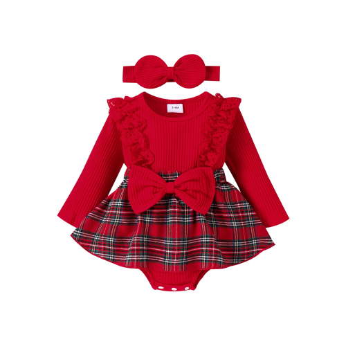 Wassery Baby Girl Christmas Outfits Clothes 3M 6M 9M 12M Infant Long Sleeve Plaid Skirt Romper Headband Set 2Pcs Christmas Holiday-themed Clothing for Newborn Girl