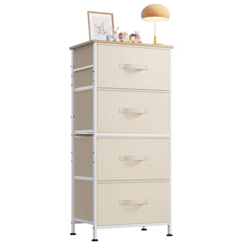 WLIVE Dresser with 4 Drawers, Storage Tower, Organizer Unit, Fabric Dresser for Bedroom, Hallway, Entryway, Closets, Sturdy Steel Frame, Wood Top, Easy Pull Handle, Cream White