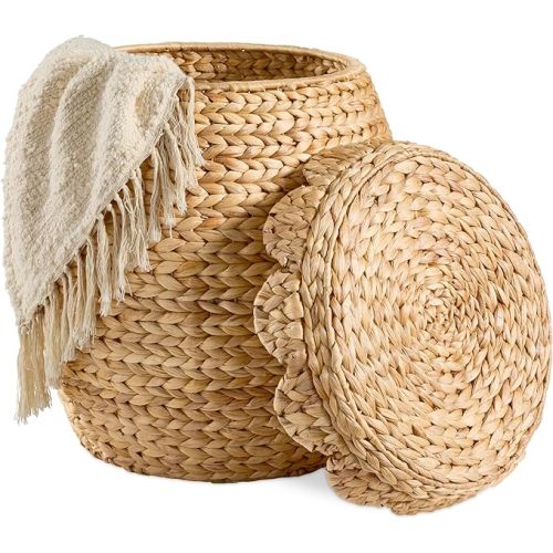 Best Choice Products Scalloped Multipurpose Hyacinth Storage Basket, Plant Décor, Handwoven Organizer Tote for Bedroom, Living Room, Nursey, w/Lid - Natural